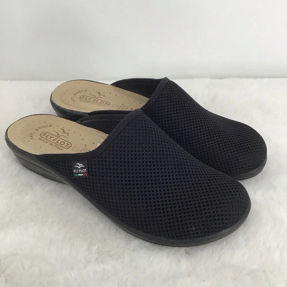 Fly Flot Italian Wide Fit Clogs Casual Comfort Black Mesh Size 40 EU US 9 - Picture 2 of 12